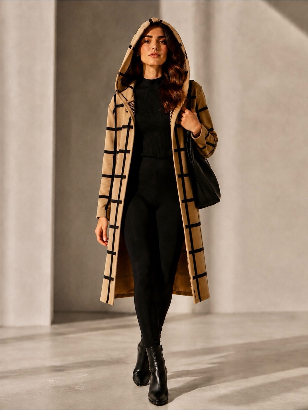 Long Hooded Grid-Pattern Cardigan - Camel/Black Size S